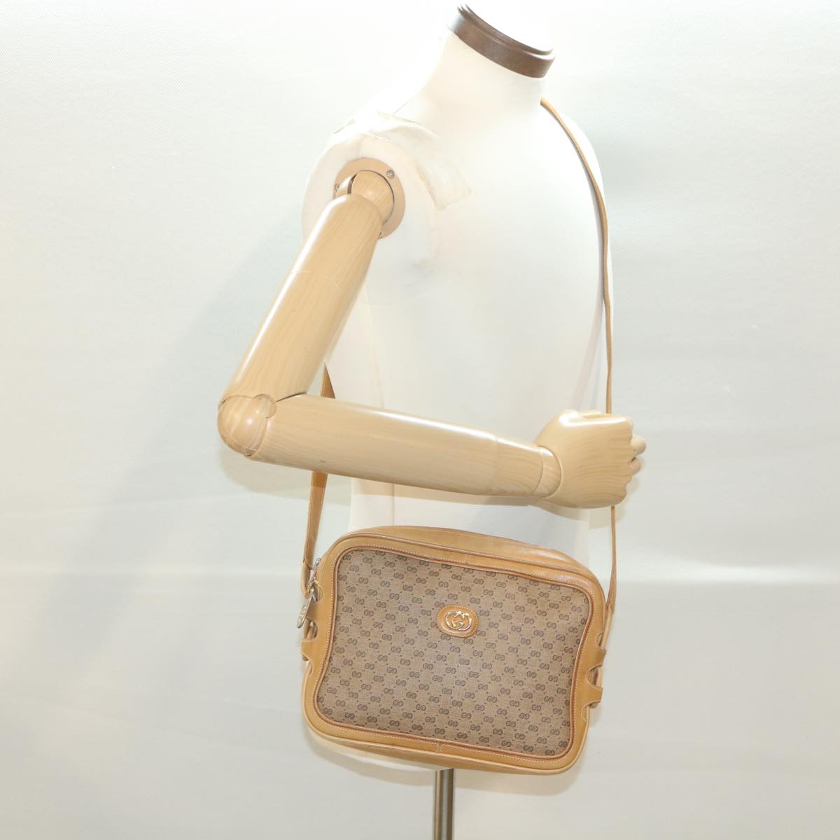 GUCCI Web Sherry Line Micro GG Canvas Shoulder Bag PVC Leather Beige 37409