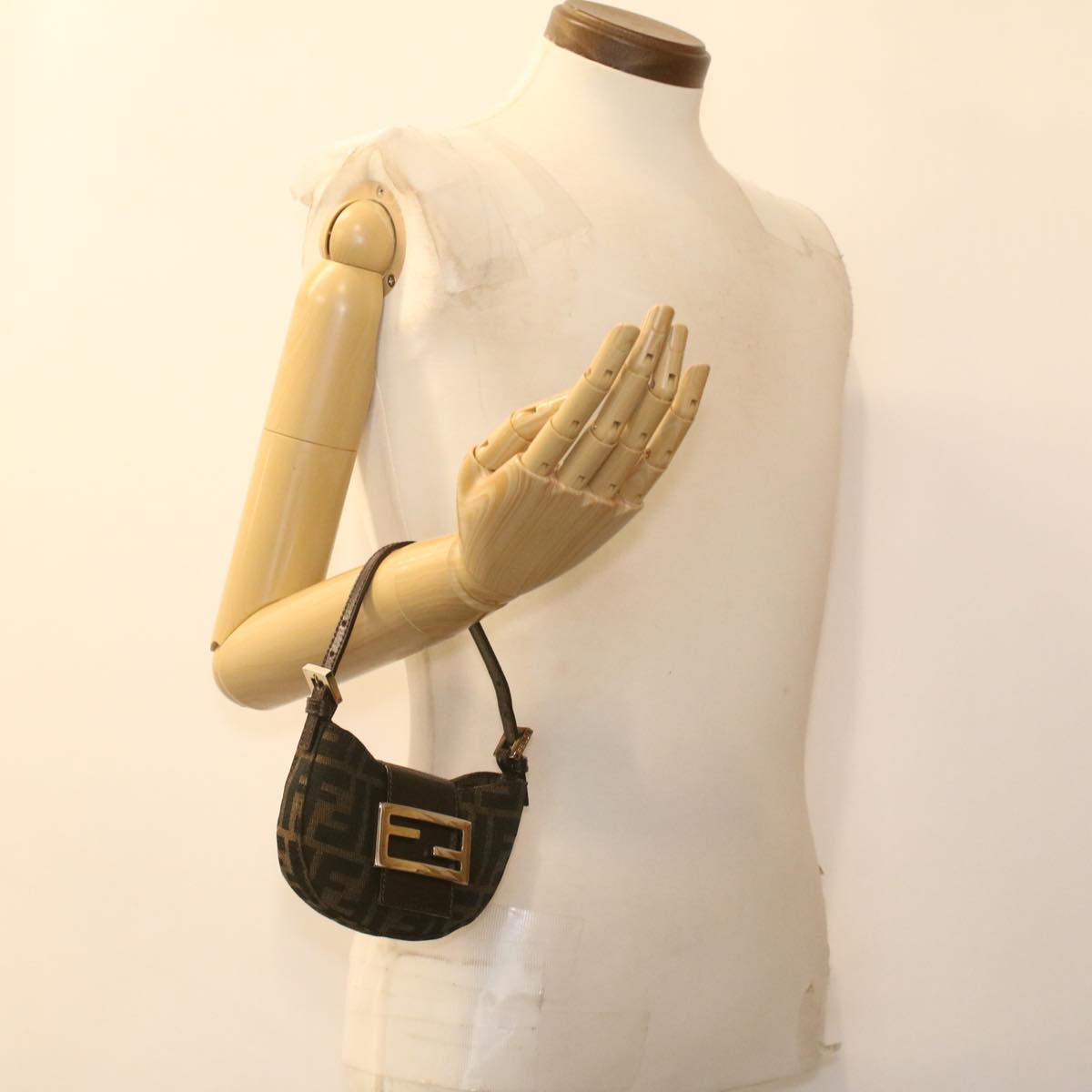 FENDI Zucca Canvas Mamma Baguette Pouch Black Brown 37728A