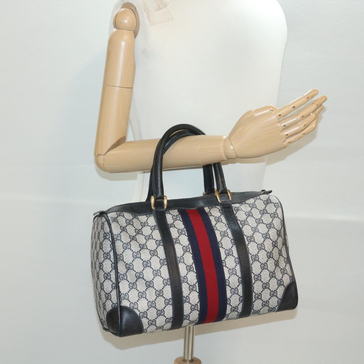 GUCCI GG Canvas Sherry Line Boston Bag PVC Leather Gray Red Navy 38098