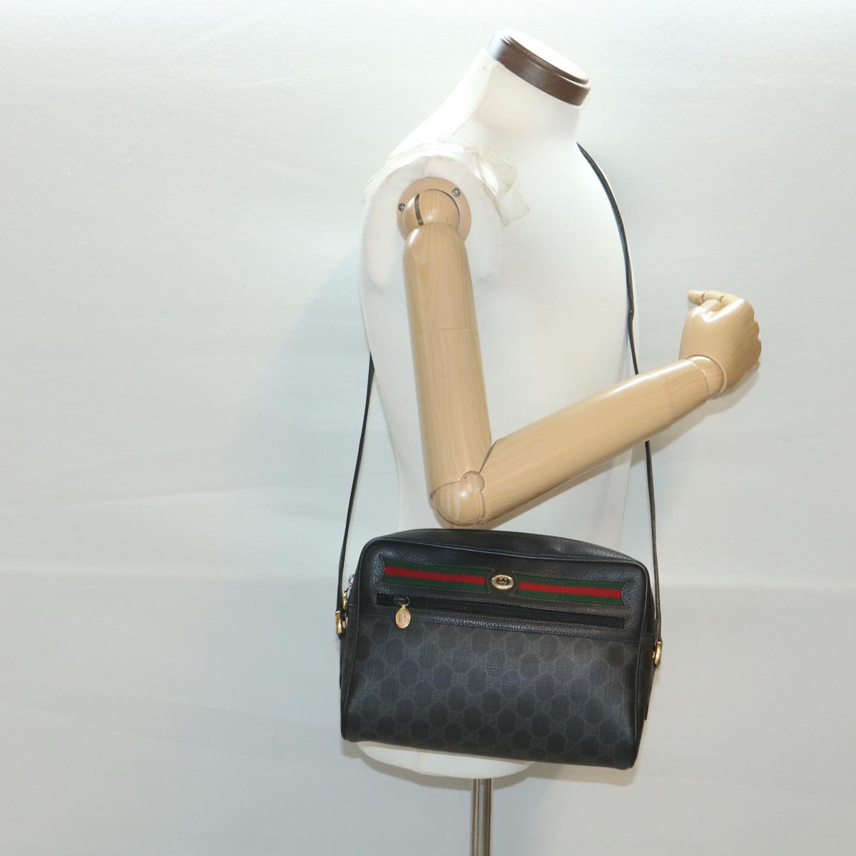 GUCCI GG Canvas Web Sherry Line Shoulder Bag Black Red 119.02.088 38314