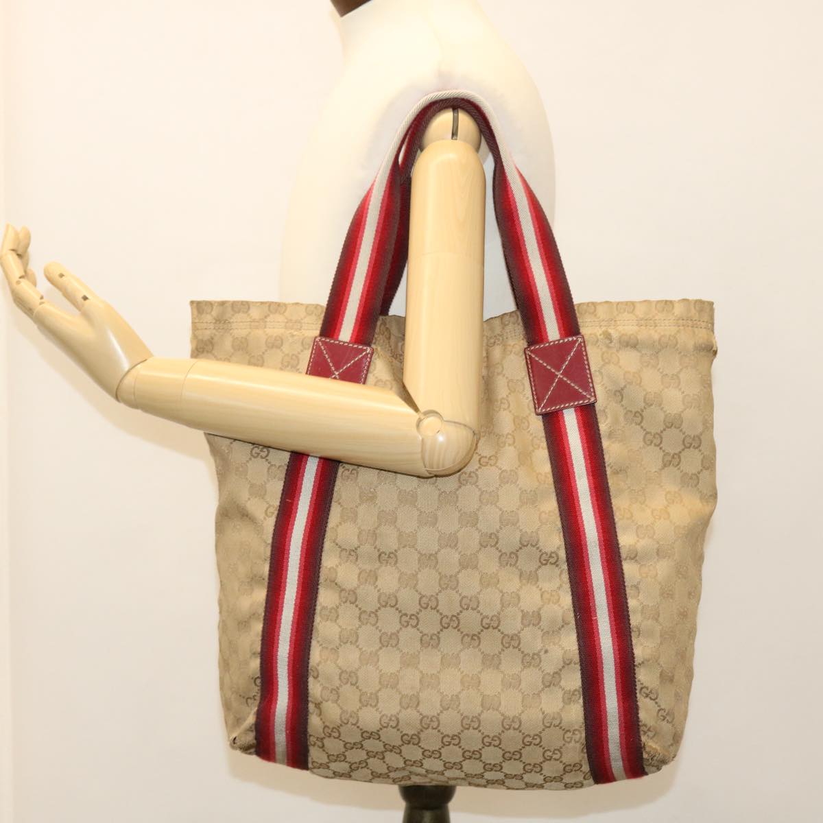 GUCCI GG Canvas Sherry Line Tote Bag Beige Red white 189669 39608