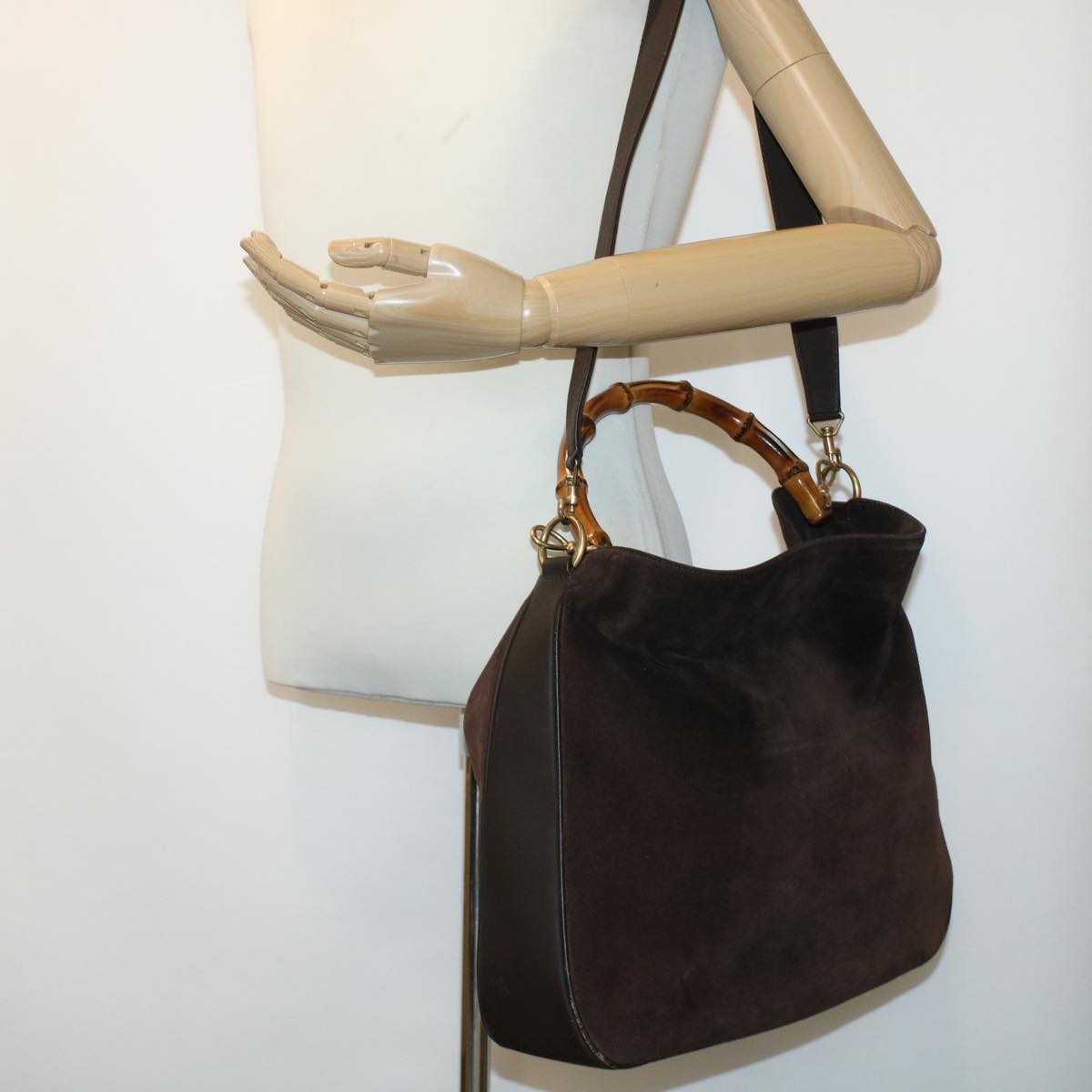 GUCCI Bamboo Hand Bag Suede 2way Brown 001.3444.1577 41364