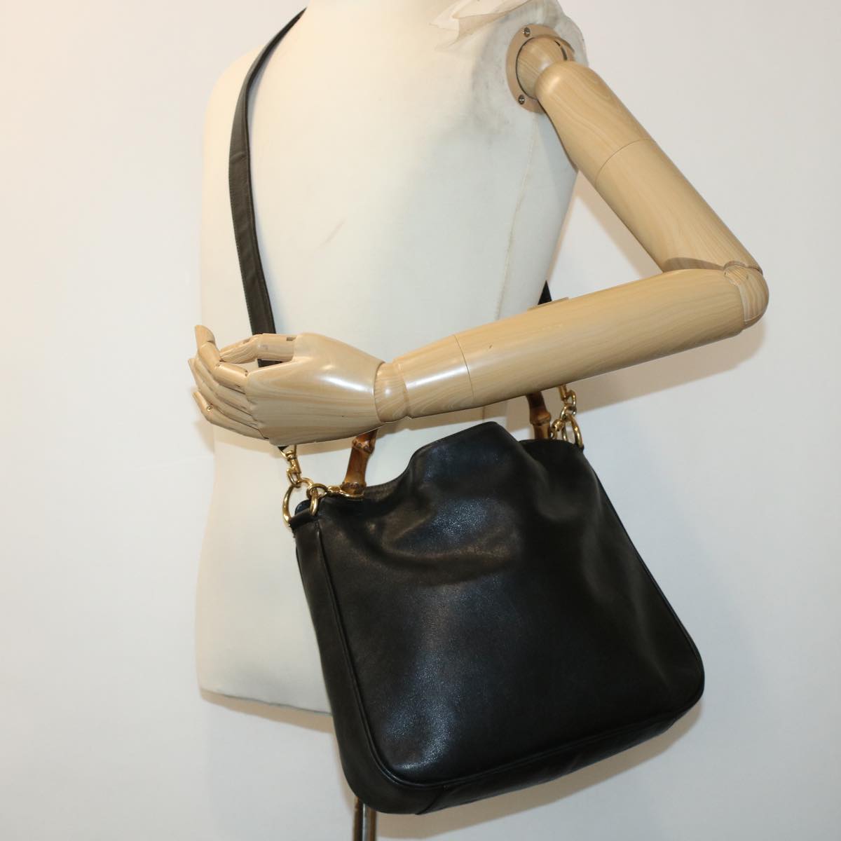 GUCCI Bamboo Hand Bag Leather 2way Black 001.3444.1638 43328