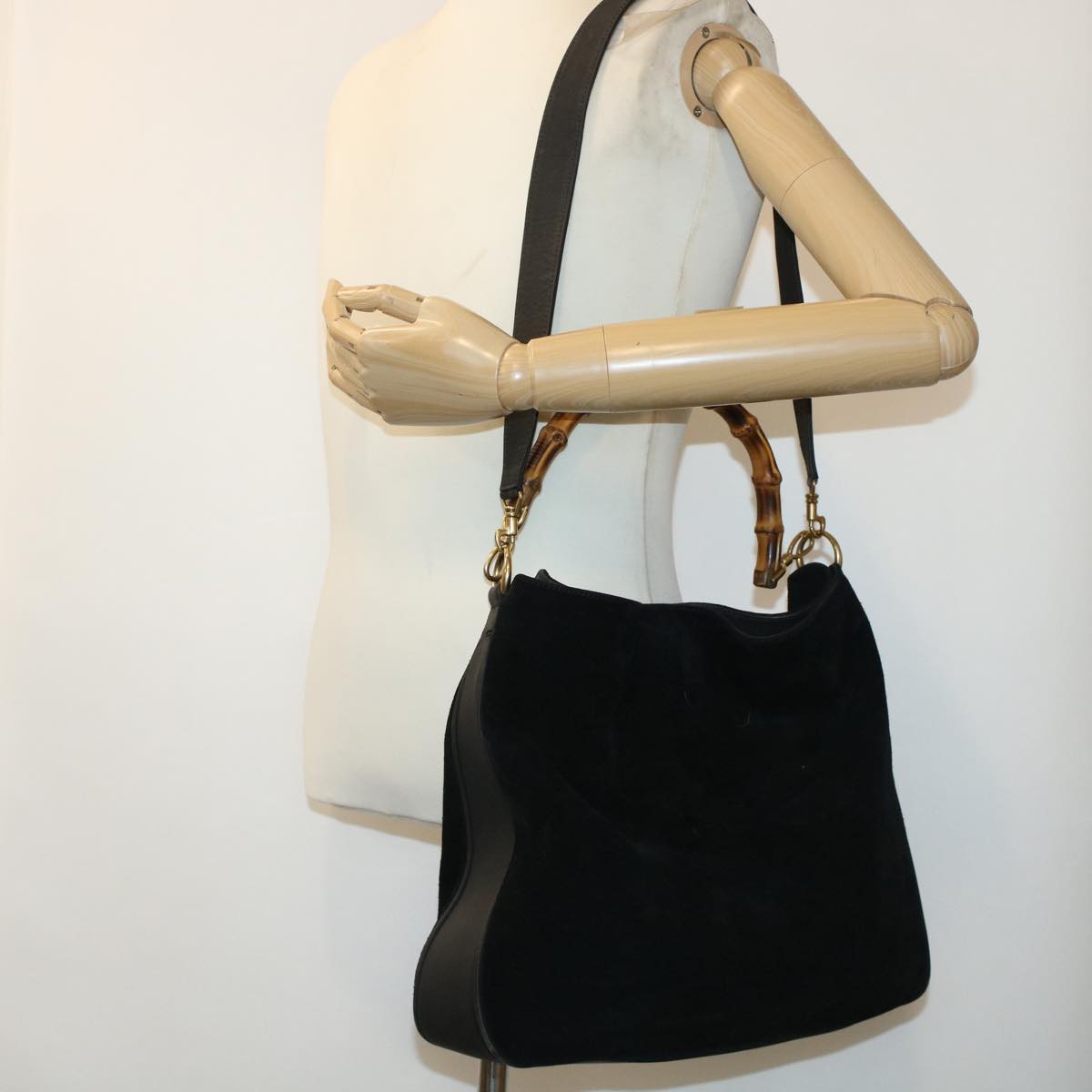 GUCCI Bamboo Hand Bag Suede 2way Black 43330