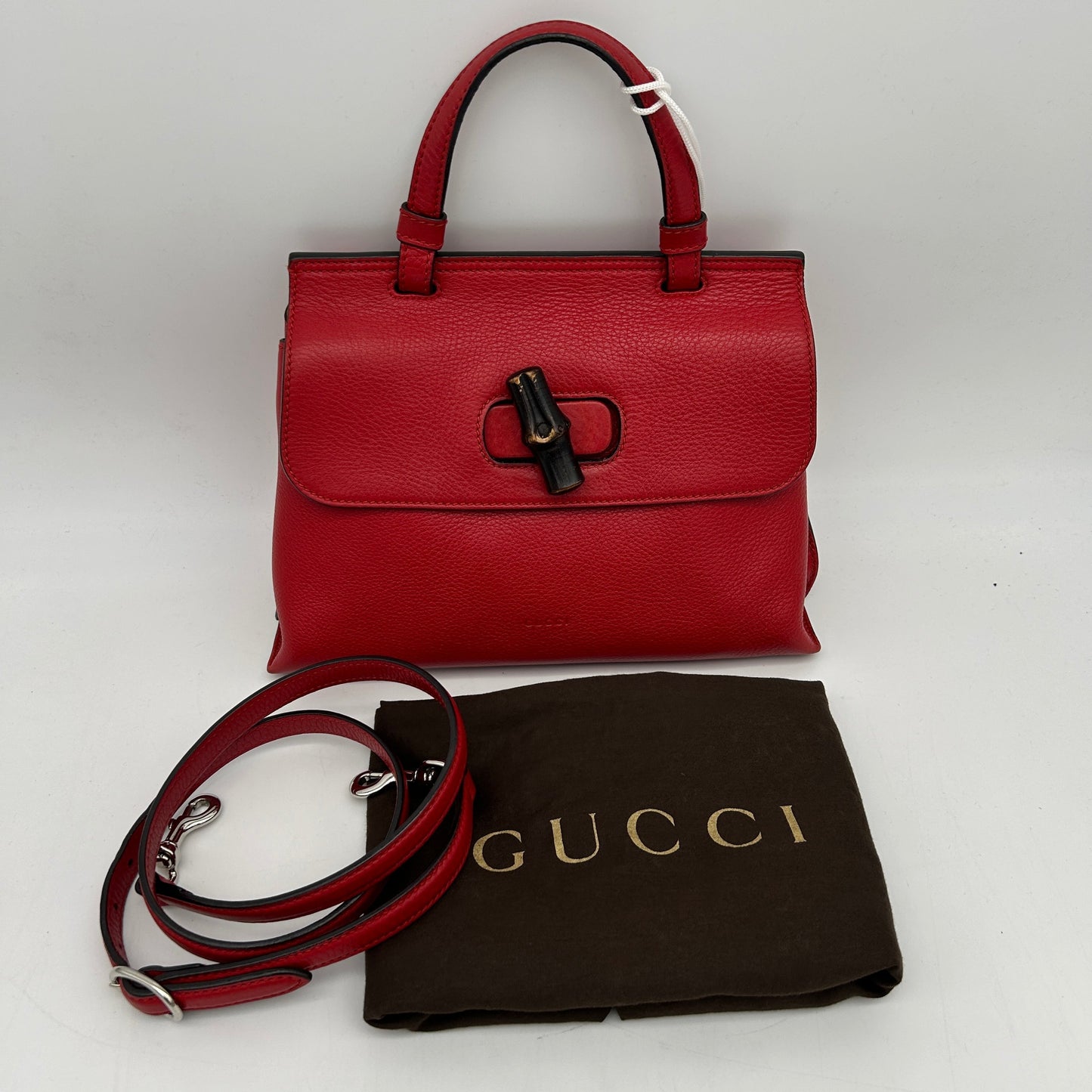 GLM-- Hibiscus Red Calfskin Bamboo Top Handle Bag Small