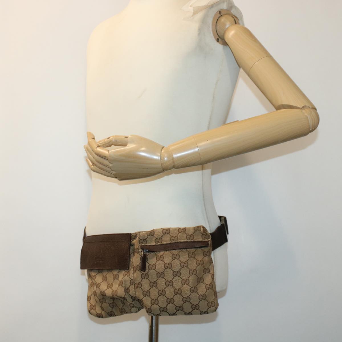 GUCCI GG Canvas Waist Bag Beige Dark Brown 44156