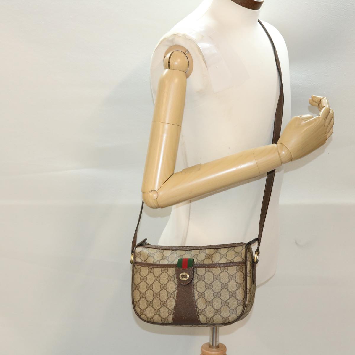 GUCCI GG Canvas Web Sherry Line Shoulder Bag Beige Red 89.02.032 44255
