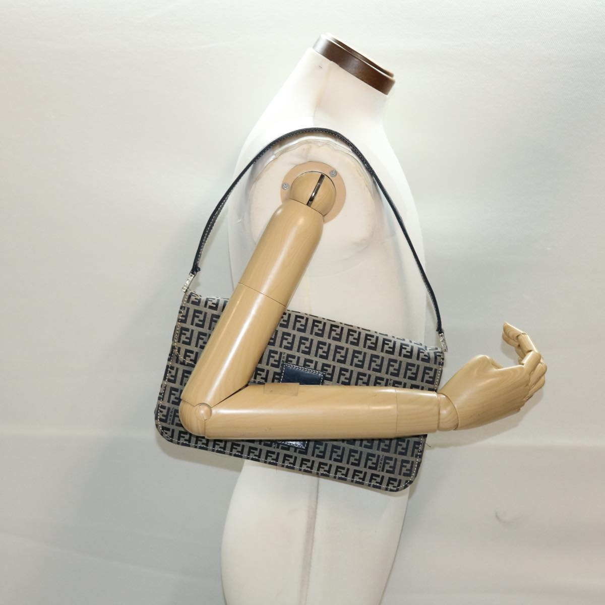 FENDI Mamma Baguette Zucchino Canvas Shoulder Bag Navy 44520