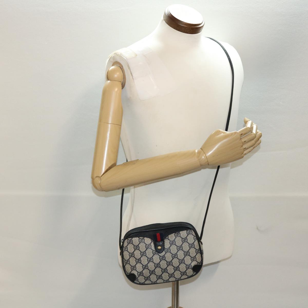 GUCCI GG Canvas Sherry Line Shoulder Bag PVC Leather Gray Red Navy 44784