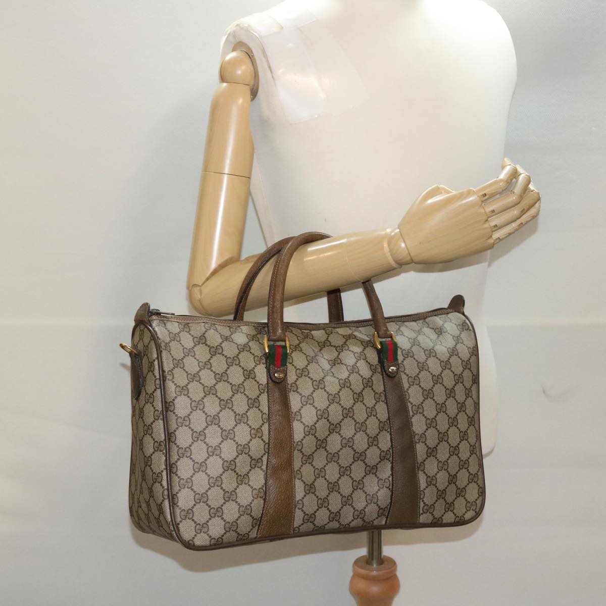 GUCCI GG Canvas Web Sherry Line Boston Bag Beige Red 39•02•041 44811