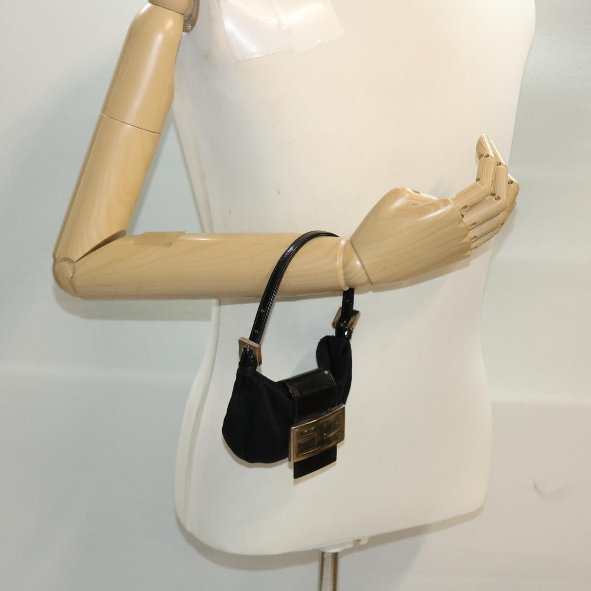 FENDI Mini Mamma Baguette Pouch Nylon Leather Black 45284