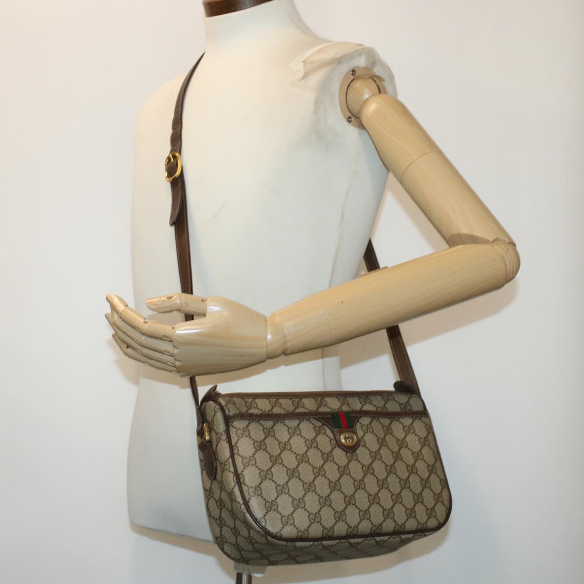 GUCCI GG Canvas Web Sherry Line Shoulder Bag PVC Leather Beige Red 45598