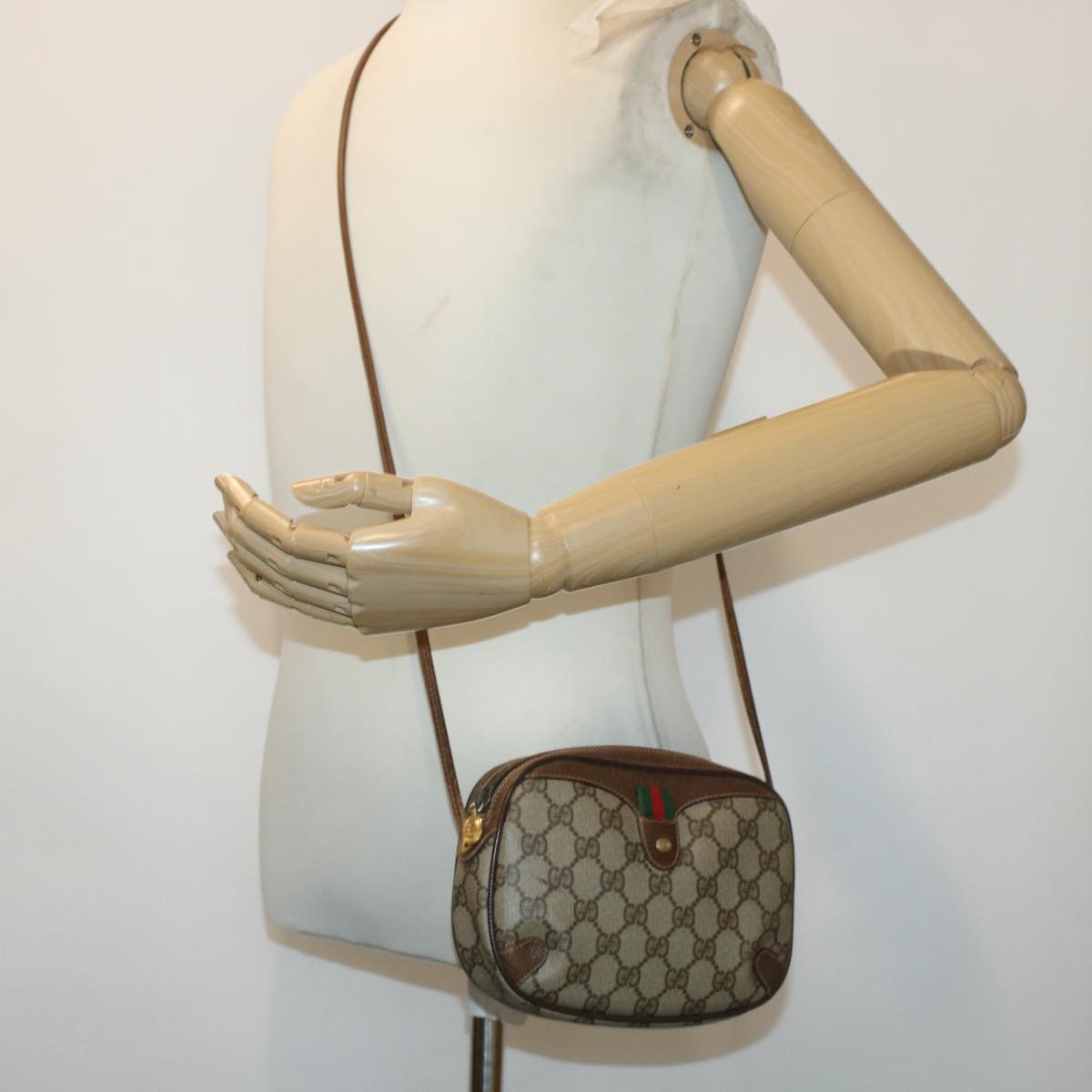 GUCCI GG Canvas Web Sherry Line Shoulder Bag PVC Leather Beige Red 45604