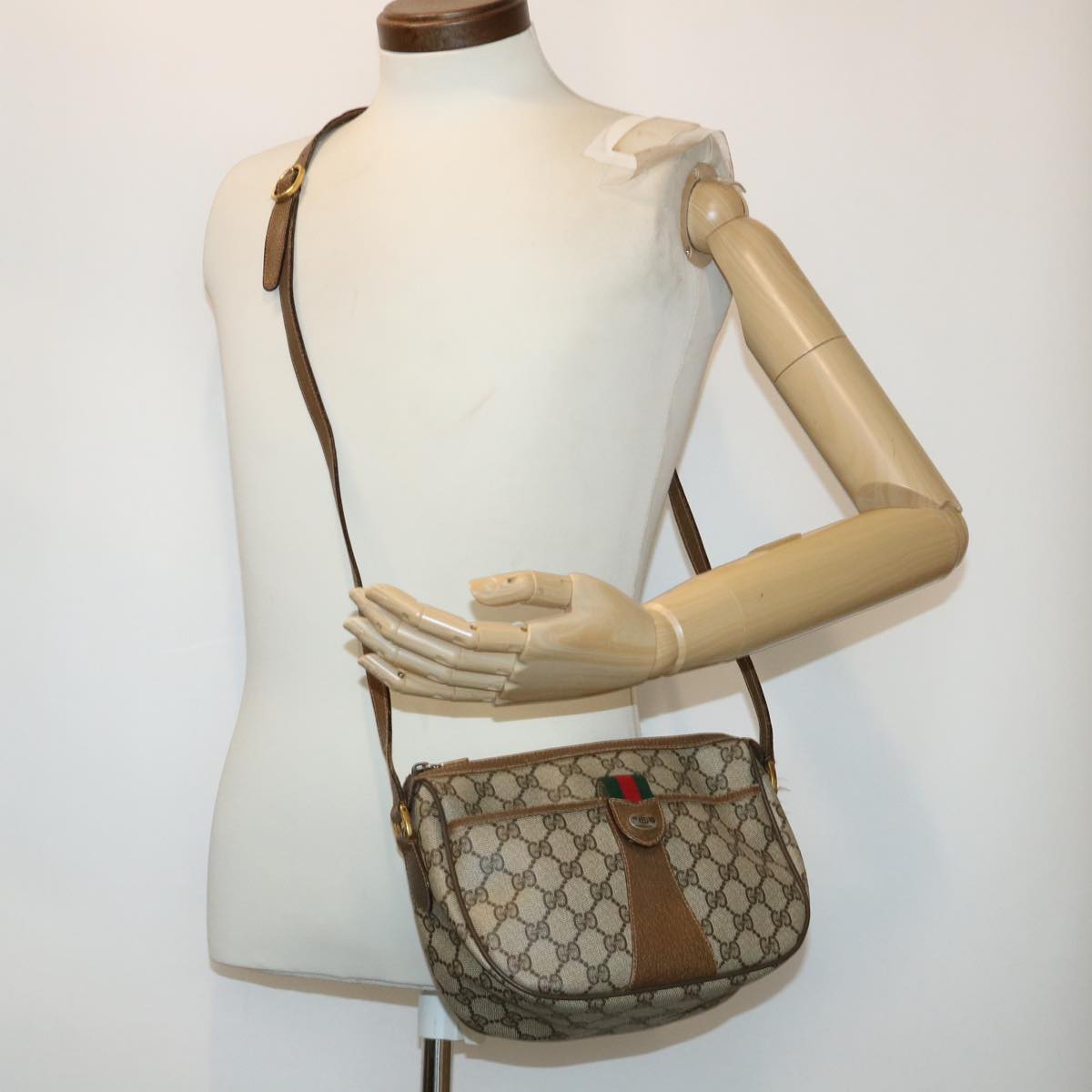 GUCCI GG Canvas Web Sherry Line Shoulder Bag PVC Leather Beige Green 46668