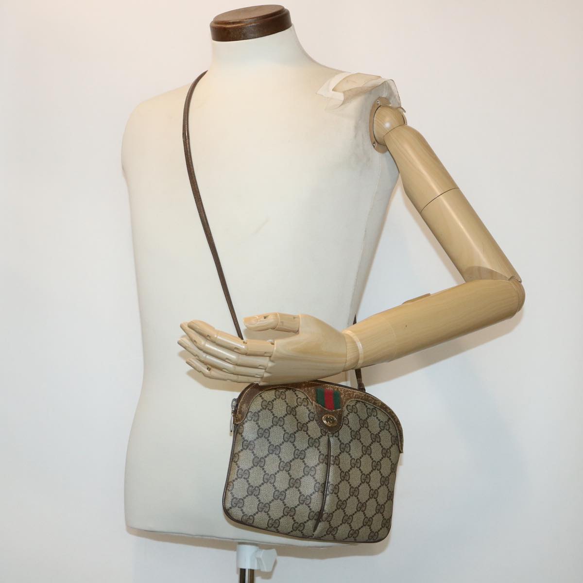 GUCCI GG Canvas Web Sherry Line Shoulder Bag PVC Leather Beige Green 46681