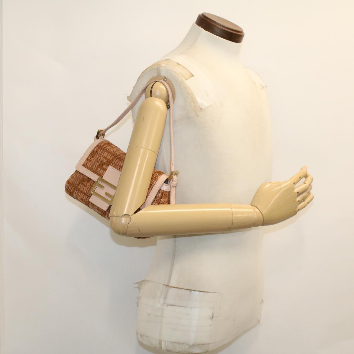 FENDI Mamma Baguette Shoulder Bag Straw Beige Pink 47062