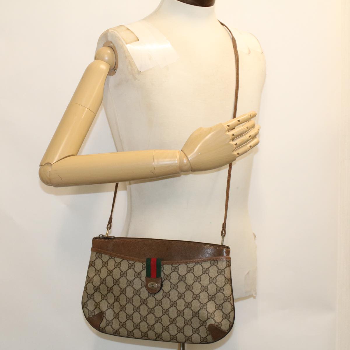 GUCCI GG Canvas Web Sherry Line Shoulder Bag PVC Leather Beige Green 48122