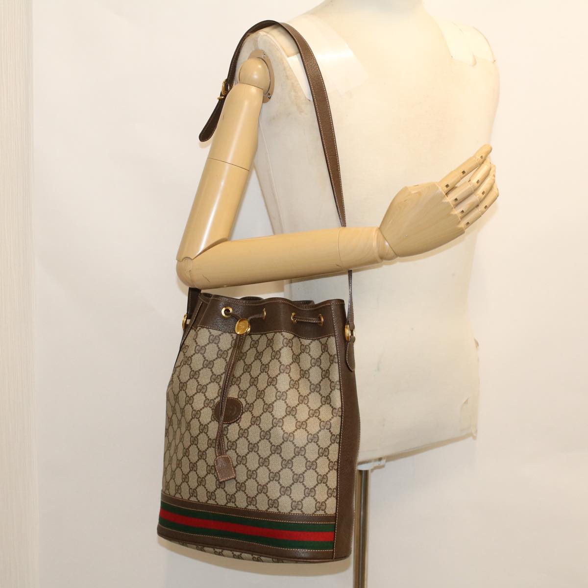 GUCCI GG Canvas Web Sherry Line Shoulder Bag PVC Leather Beige Green 48163