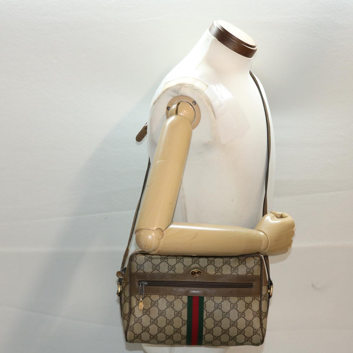 GUCCI GG Canvas Web Sherry Line Shoulder Bag PVC Leather Beige Green 48597