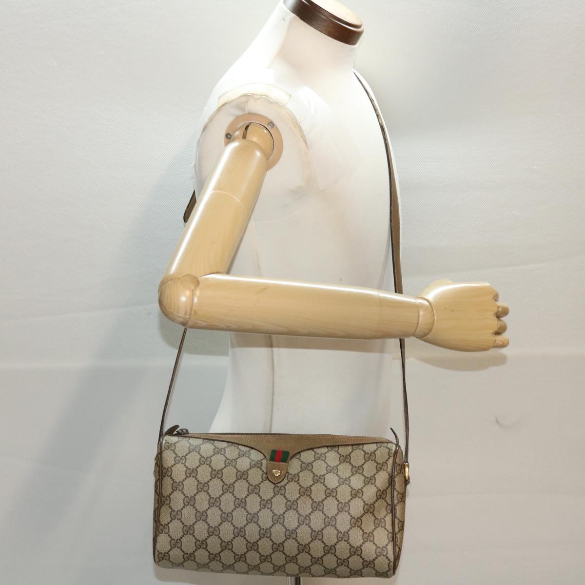 GUCCI GG Canvas Web Sherry Line Shoulder Bag PVC Leather Beige Green 48598