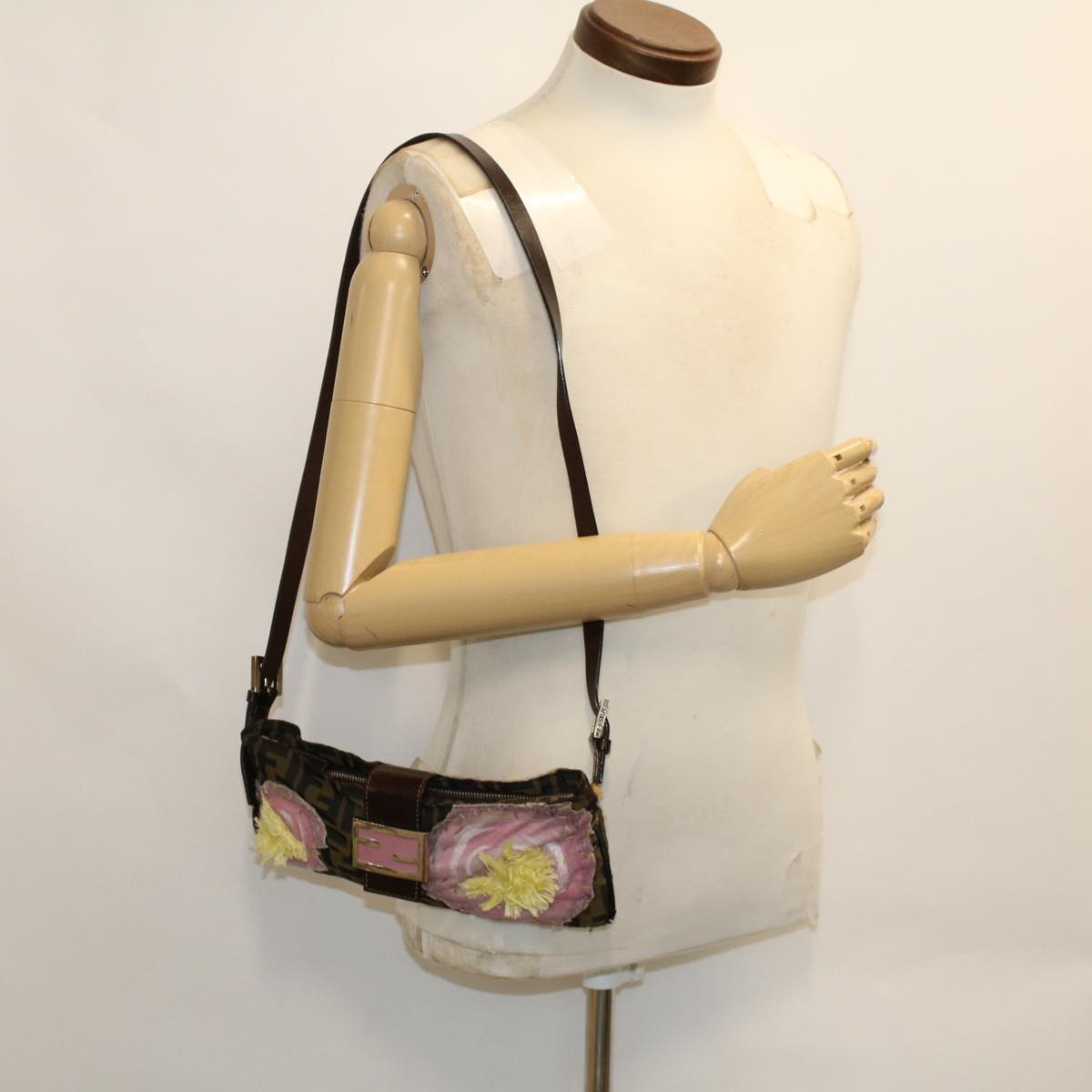 FENDI Zucca Canvas Flower Mamma Baguette Shoulder Bag Nylon Brown 48605