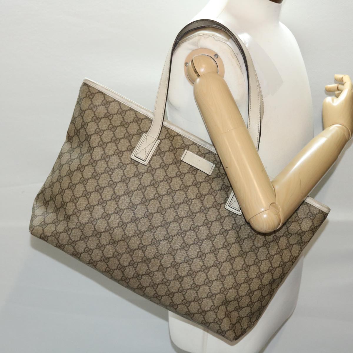 GUCCI GG Canvas Tote Bag PVC Leather Beige White 49047