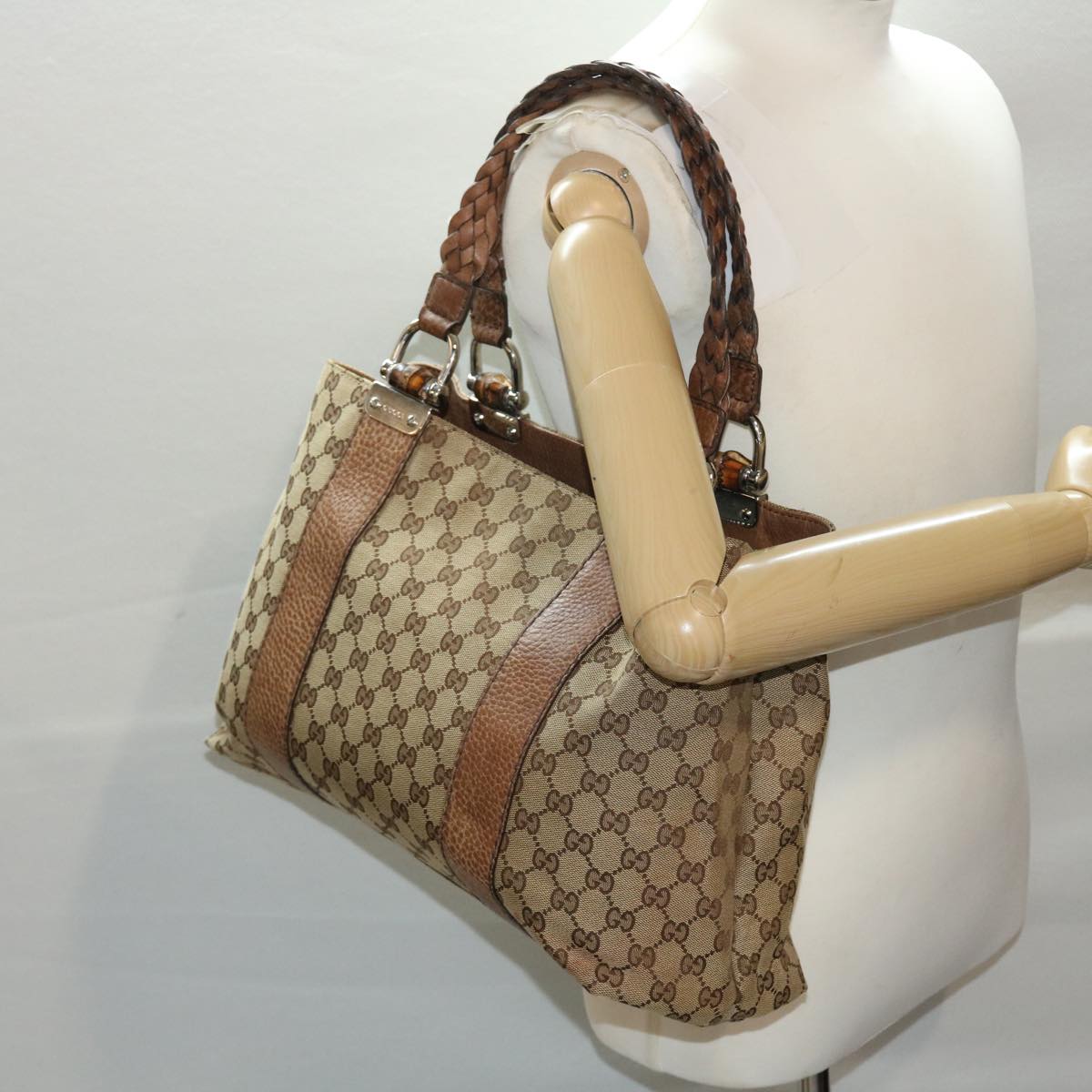 GUCCI GG Canvas Bamboo Tote Bag Beige Brown 49058