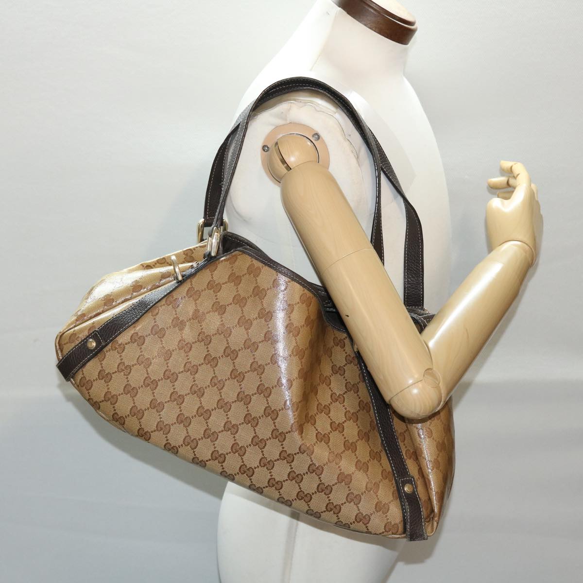 GUCCI GG Canvas Hand Bag Coated Canvas Beige Dark Brown 49071