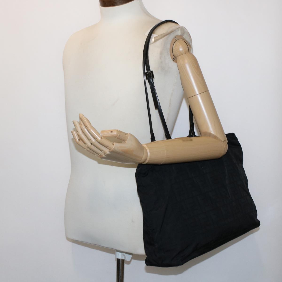 FENDI Zucchino Canvas Shoulder Bag Nylon Leather Black 49110