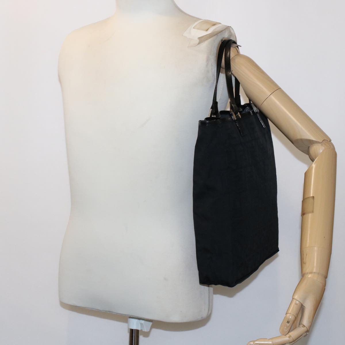 FENDI Zucchino Canvas Tote Bag Nylon Leather Black 49283