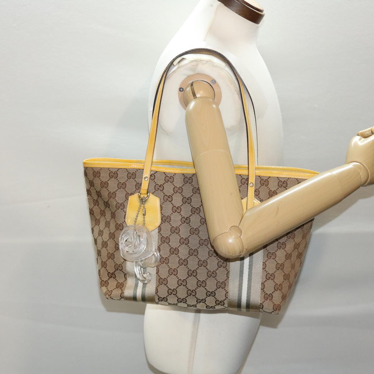 GUCCI GG Canvas Sherry Line Tote Bag Canvas Beige Yellow Khaki 211971 49287