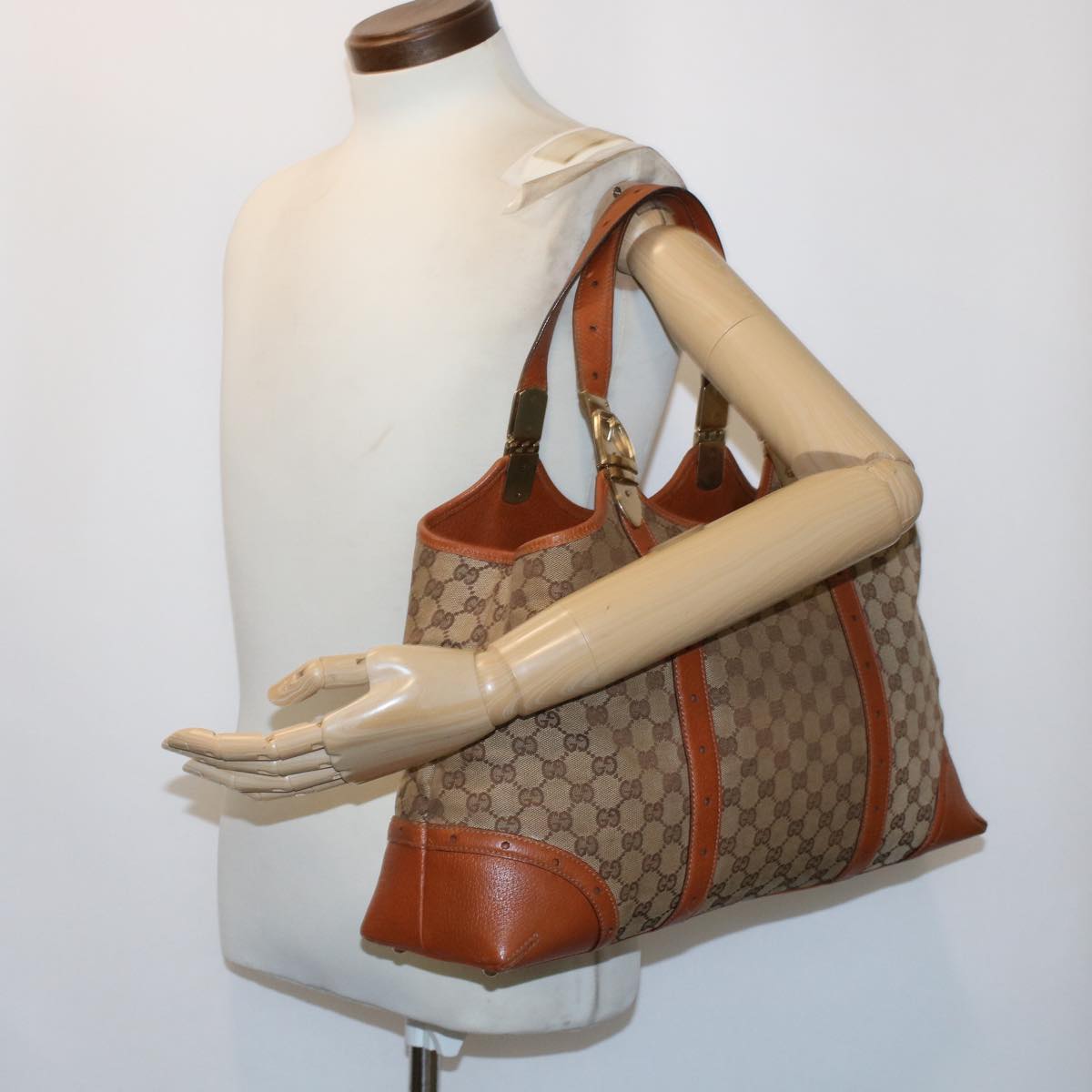 GUCCI GG Canvas Tote Bag Leather Beige 145769 49602