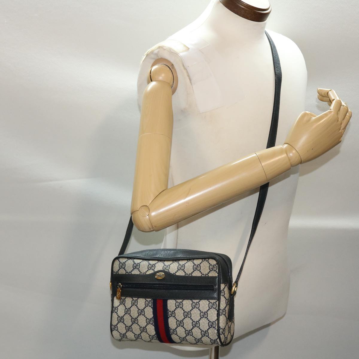GUCCI GG Canvas Sherry Line Shoulder Bag PVC Leather Gray Red Navy 49788