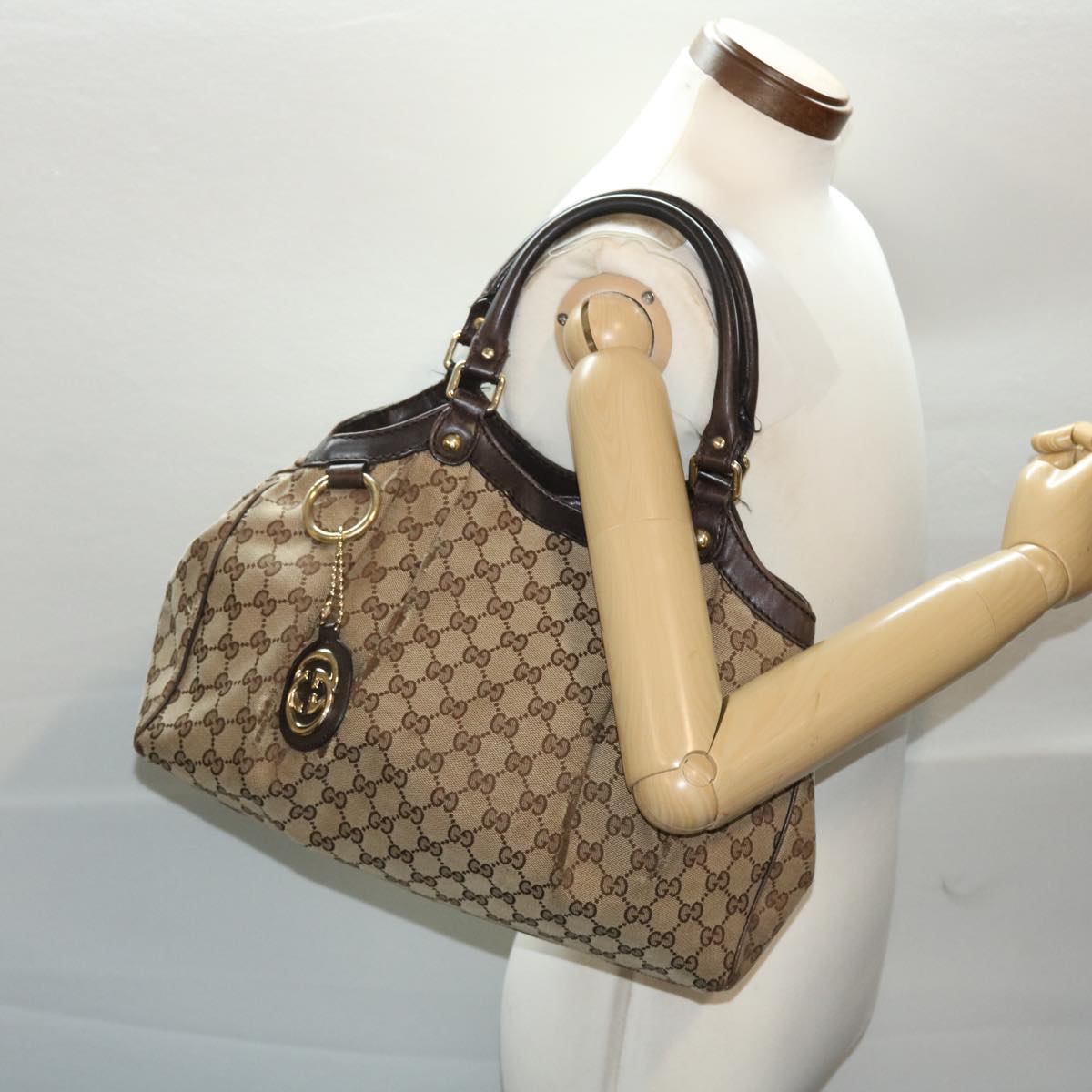 GUCCI GG Canvas Hand Bag Leather Beige 211944 49822