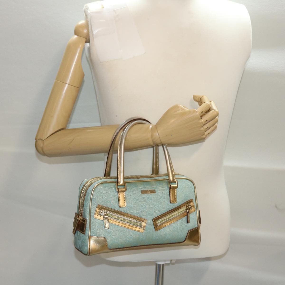 GUCCI GG Canvas Hand Bag Leather Light Blue Gold 50157