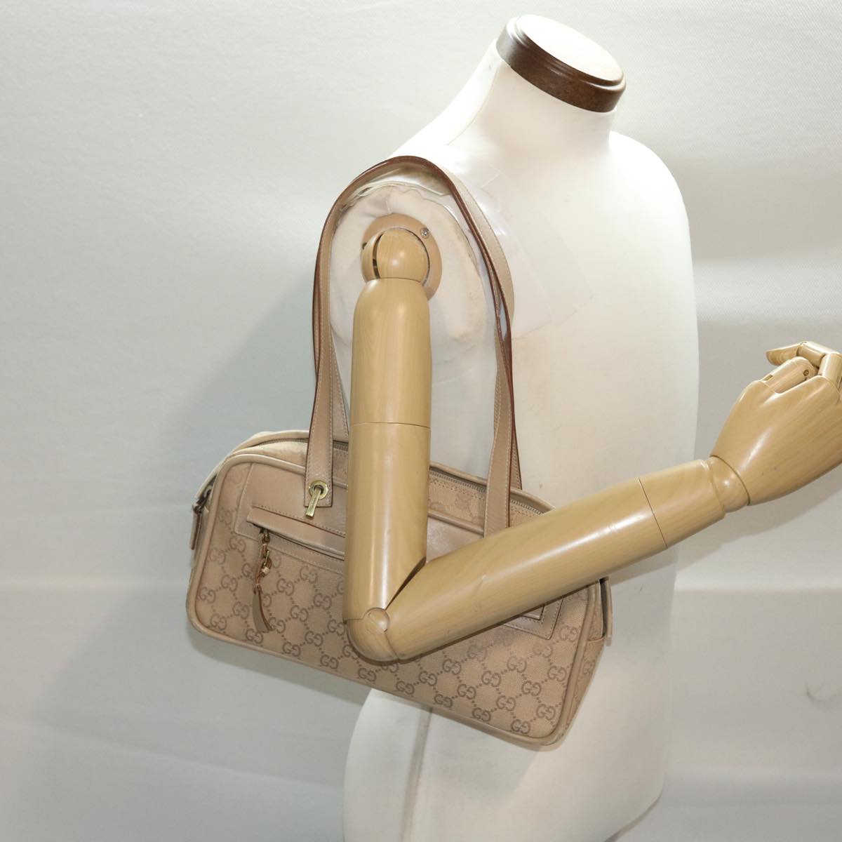 GUCCI GG Canvas Hand Bag Leather Beige 50158