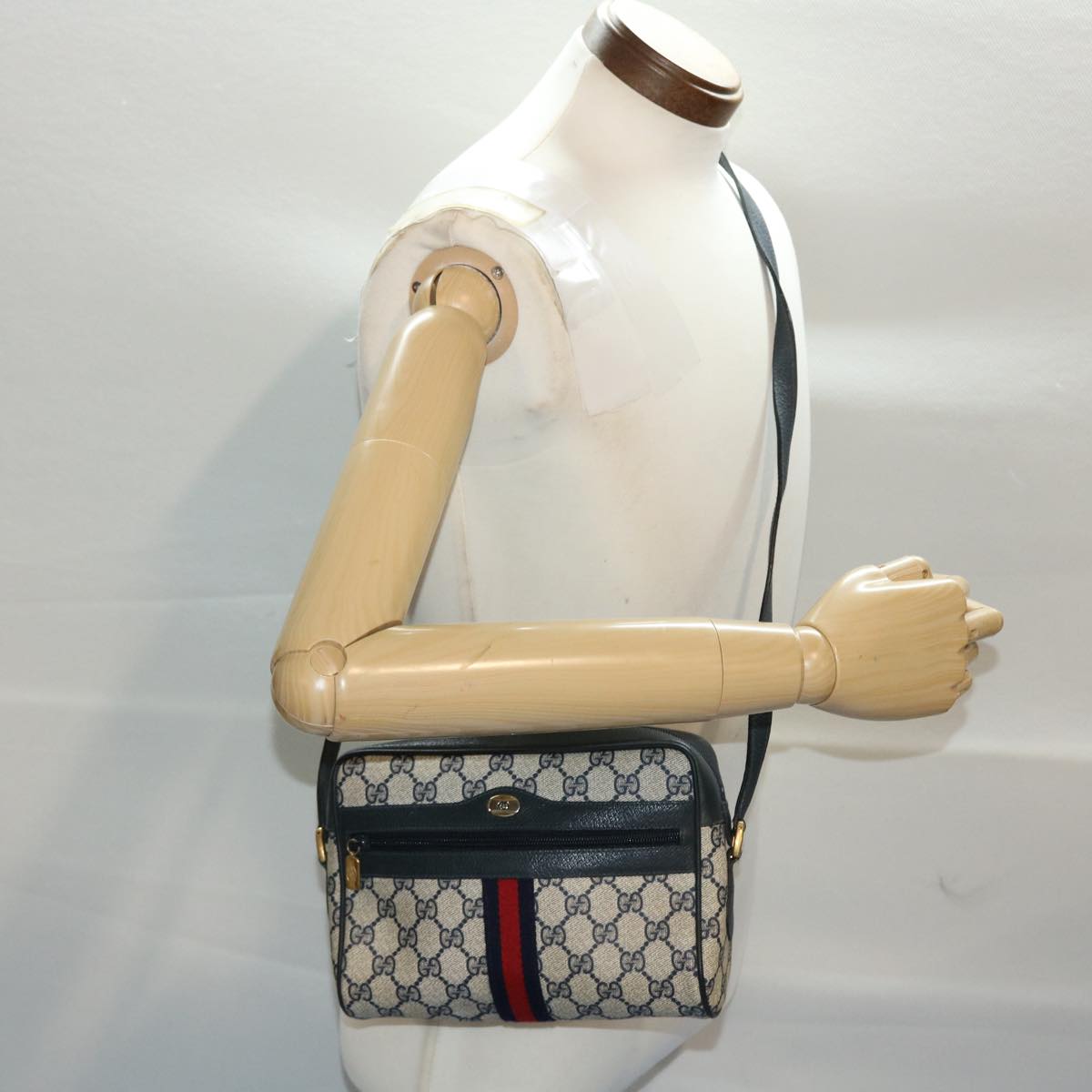 GUCCI GG Canvas Sherry Line Shoulder Bag PVC Leather Navy Red 50164