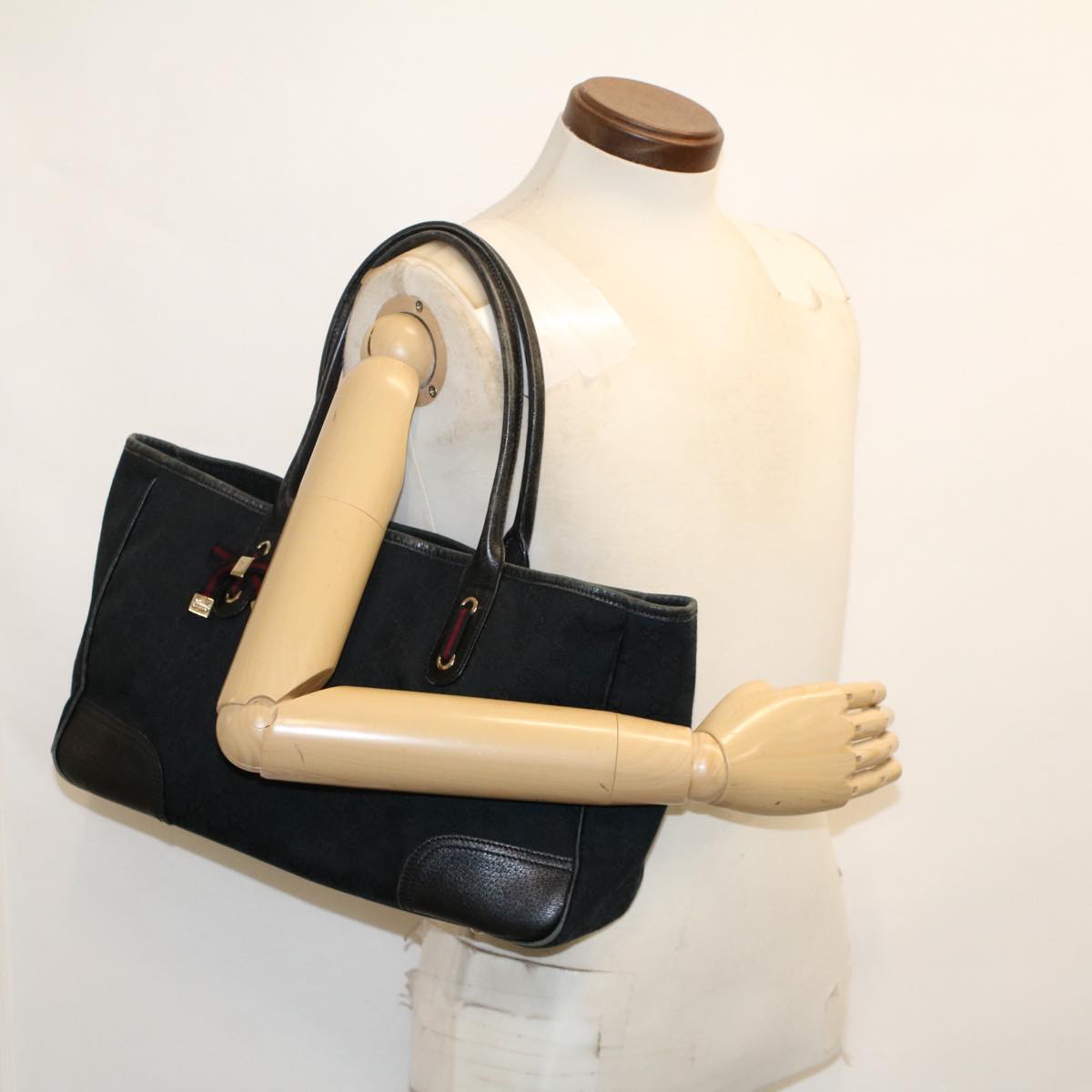GUCCI GG Canvas Sherry Line Tote Bag Black Red Navy 163805 50171