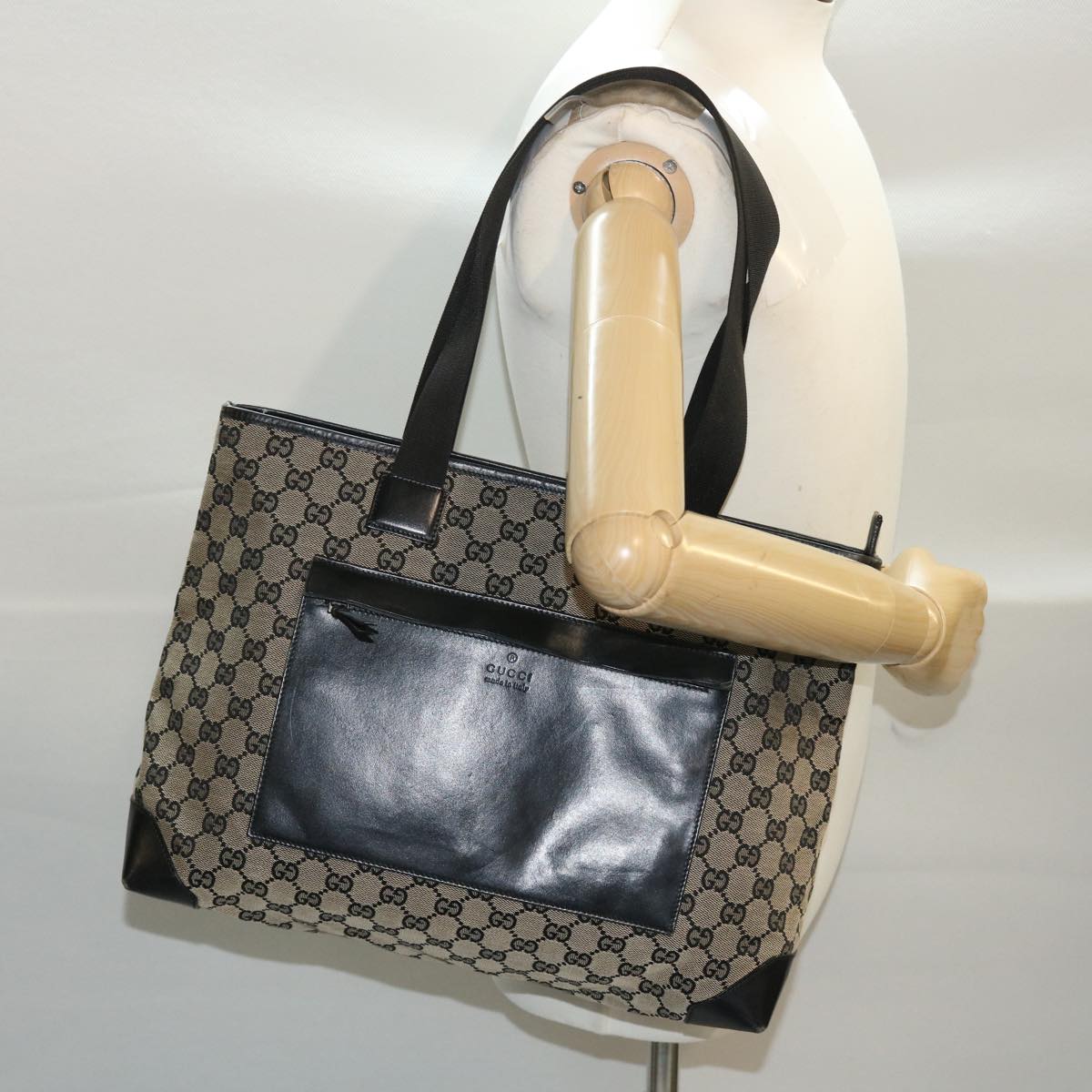 GUCCI GG Canvas Tote Bag Beige Black 50174