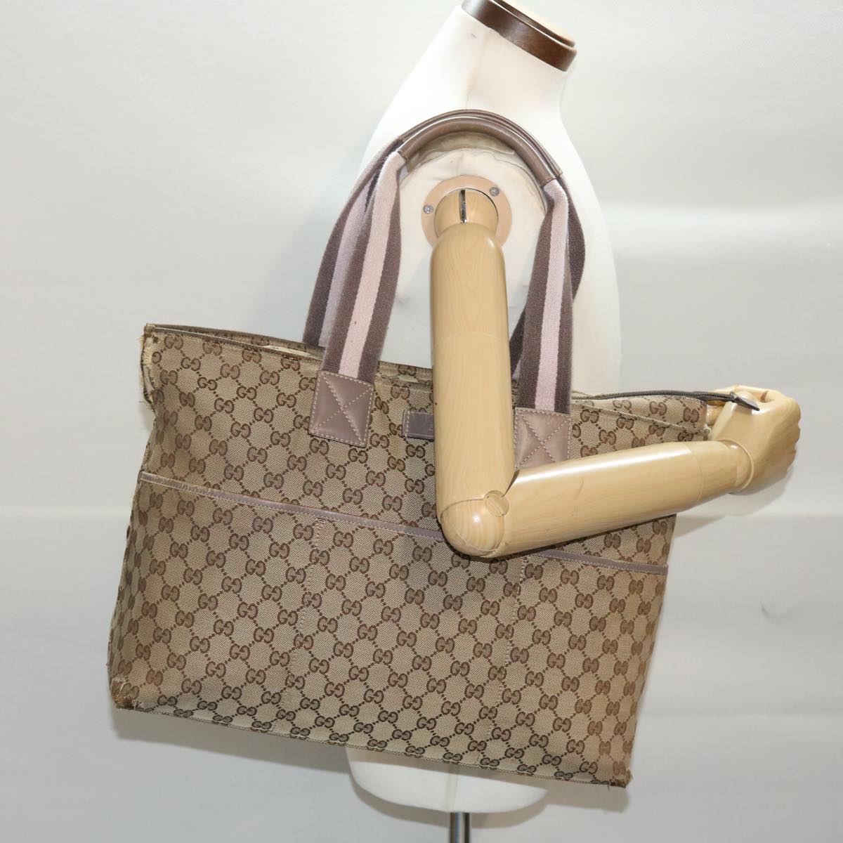 GUCCI GG Canvas Sherry Line Tote Bag Beige Gray pink 50175