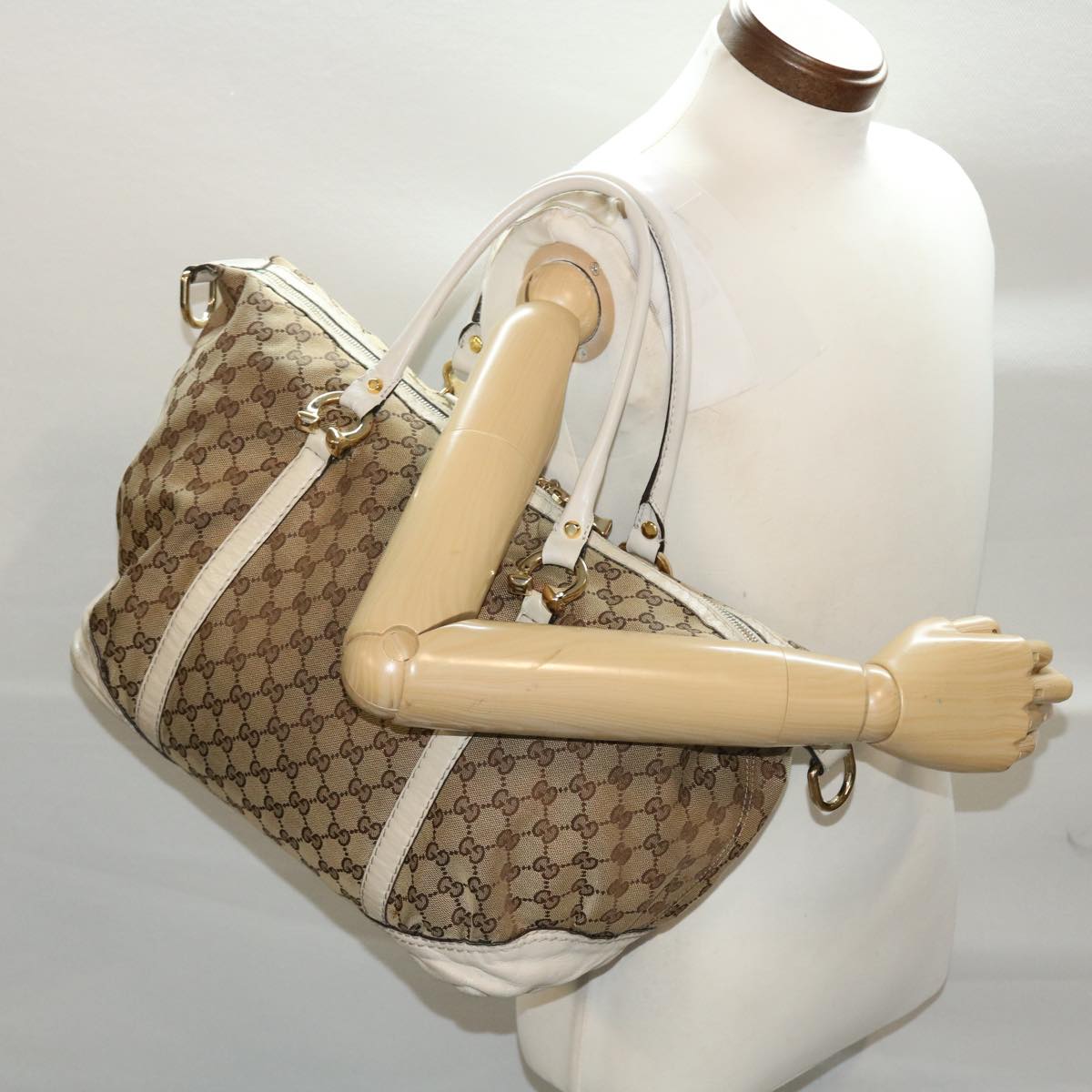 GUCCI GG Canvas Hand Bag Beige White 50411