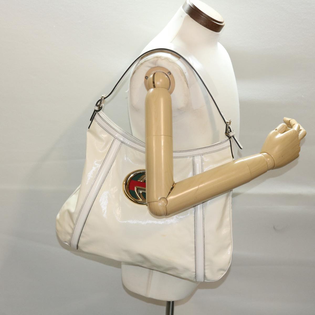 GUCCI Web Sherry Line Interlocking Shoulder Bag Coated Canvas White 50415