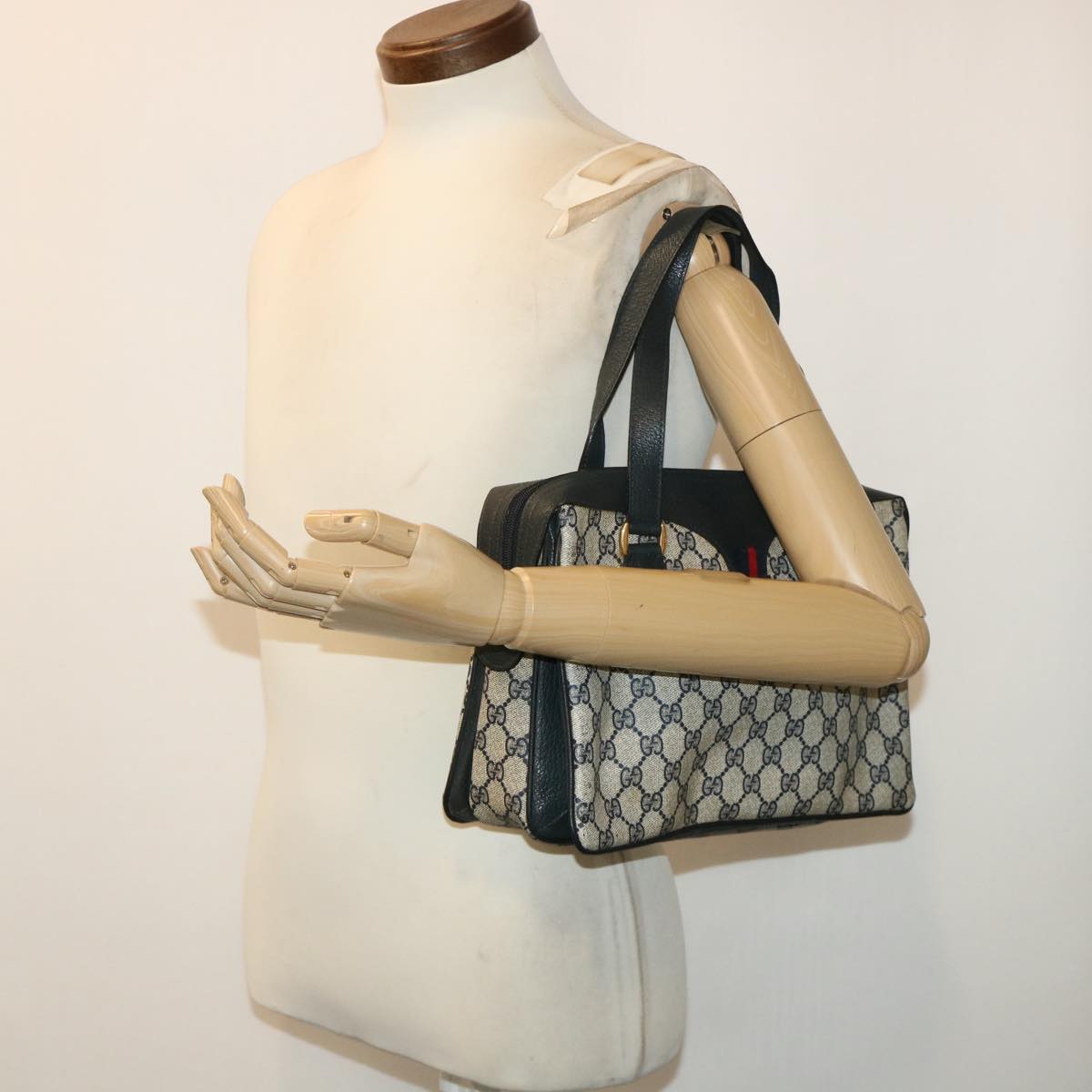 GUCCI GG Canvas Sherry Line Hand Bag PVC Leather Navy Red 50495