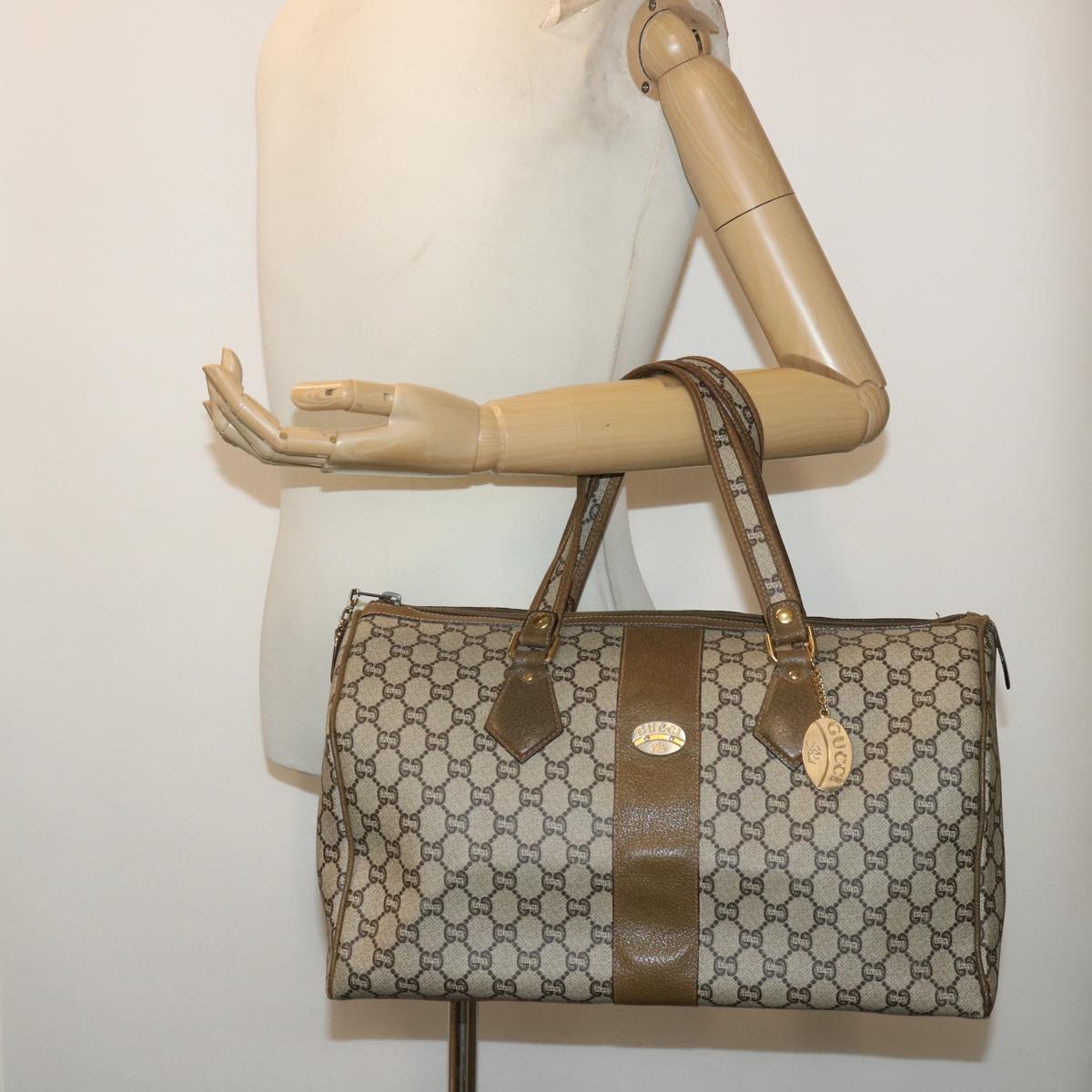 GUCCI PLUS GG Canvas Boston Bag PVC Leather Beige 50510