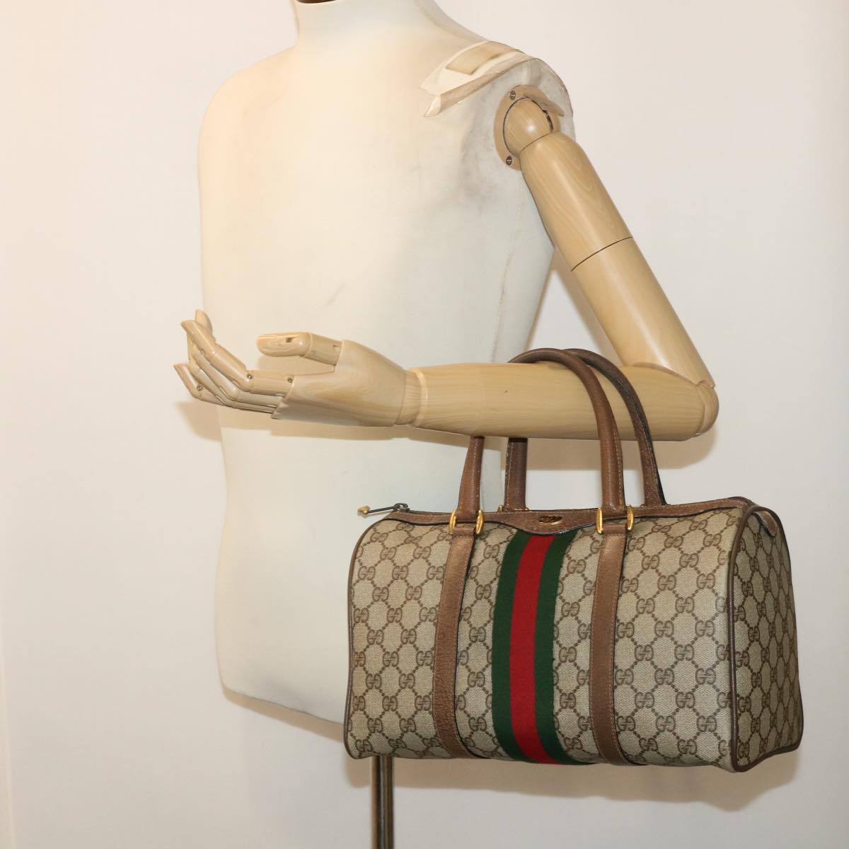 GUCCI GG Canvas Web Sherry Line Boston Bag PVC Leather Beige Red 50516