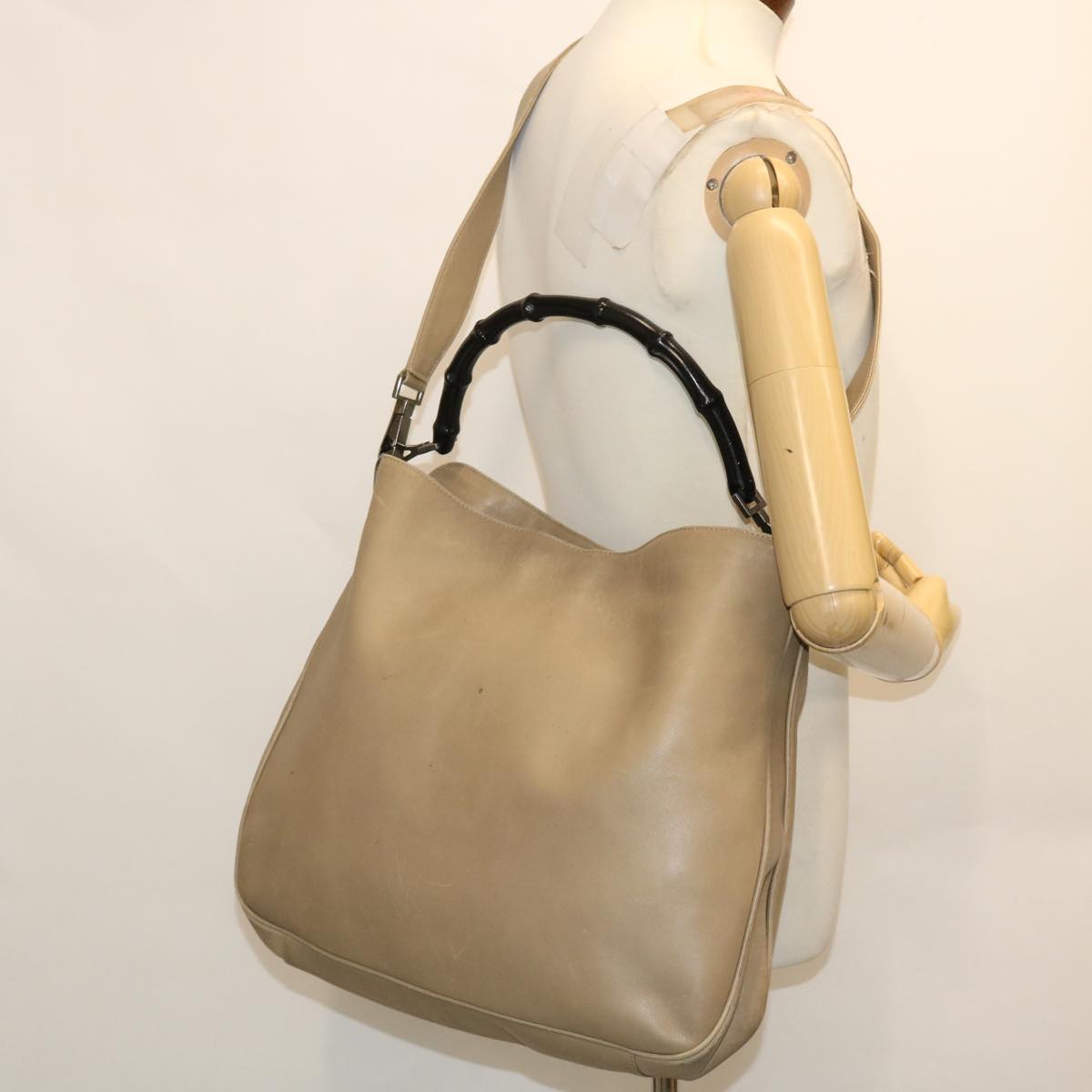 GUCCI Bamboo Shoulder Bag Leather 2way Beige 50744
