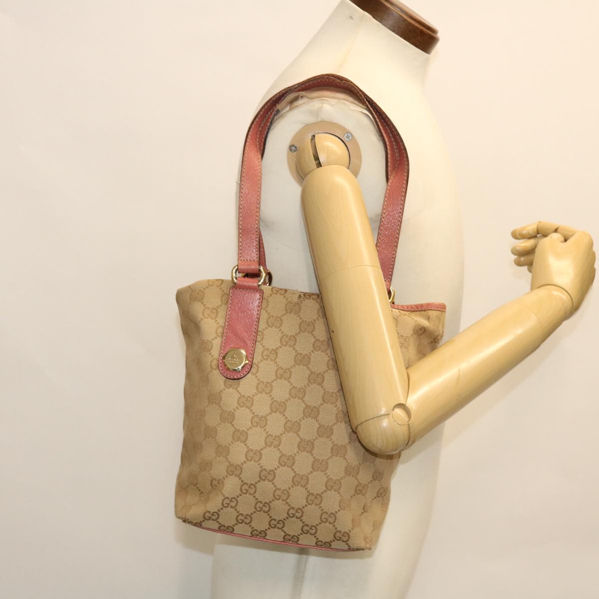 GUCCI GG Canvas Tote Bag Leather Beige Pink 153361 302982 50981