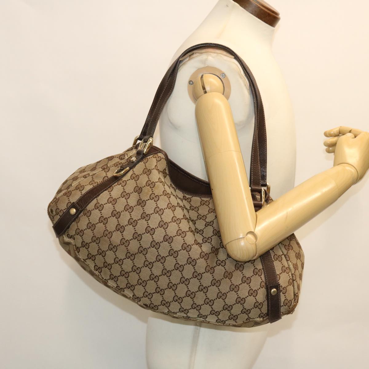 GUCCI GG Canvas Hand Bag Leather Beige 130736 502752 50996