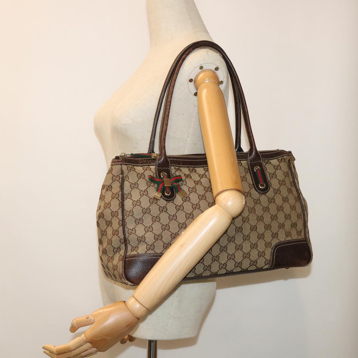 GUCCI GG Canvas Web Sherry Line Tote Bag Beige Red Green 177052 51002