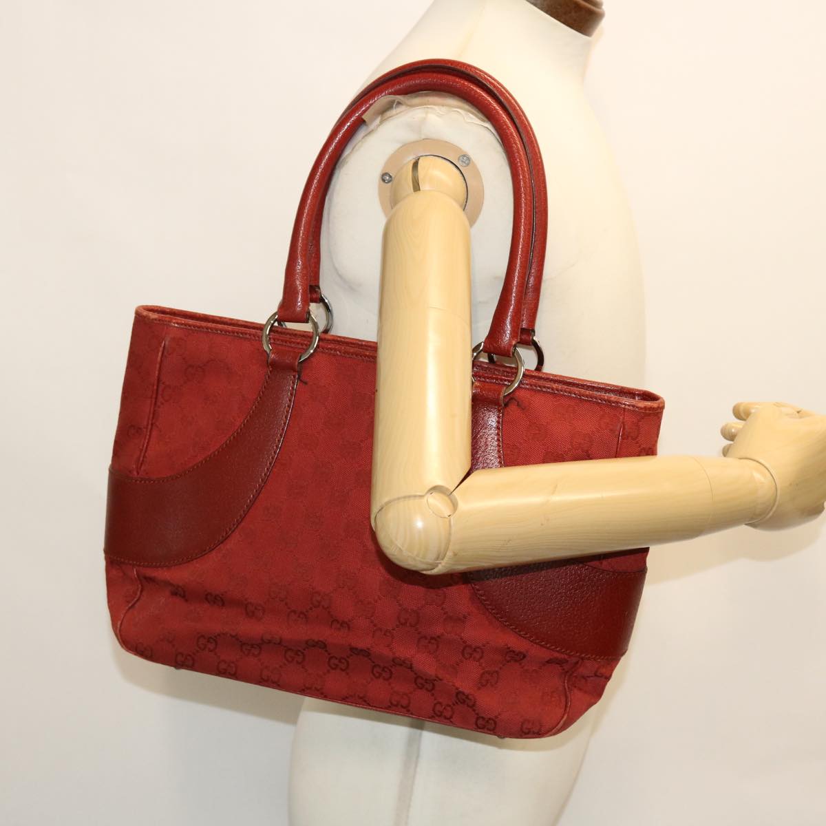 GUCCI GG Canvas Hand Bag Leather Red 113011 2684 51007